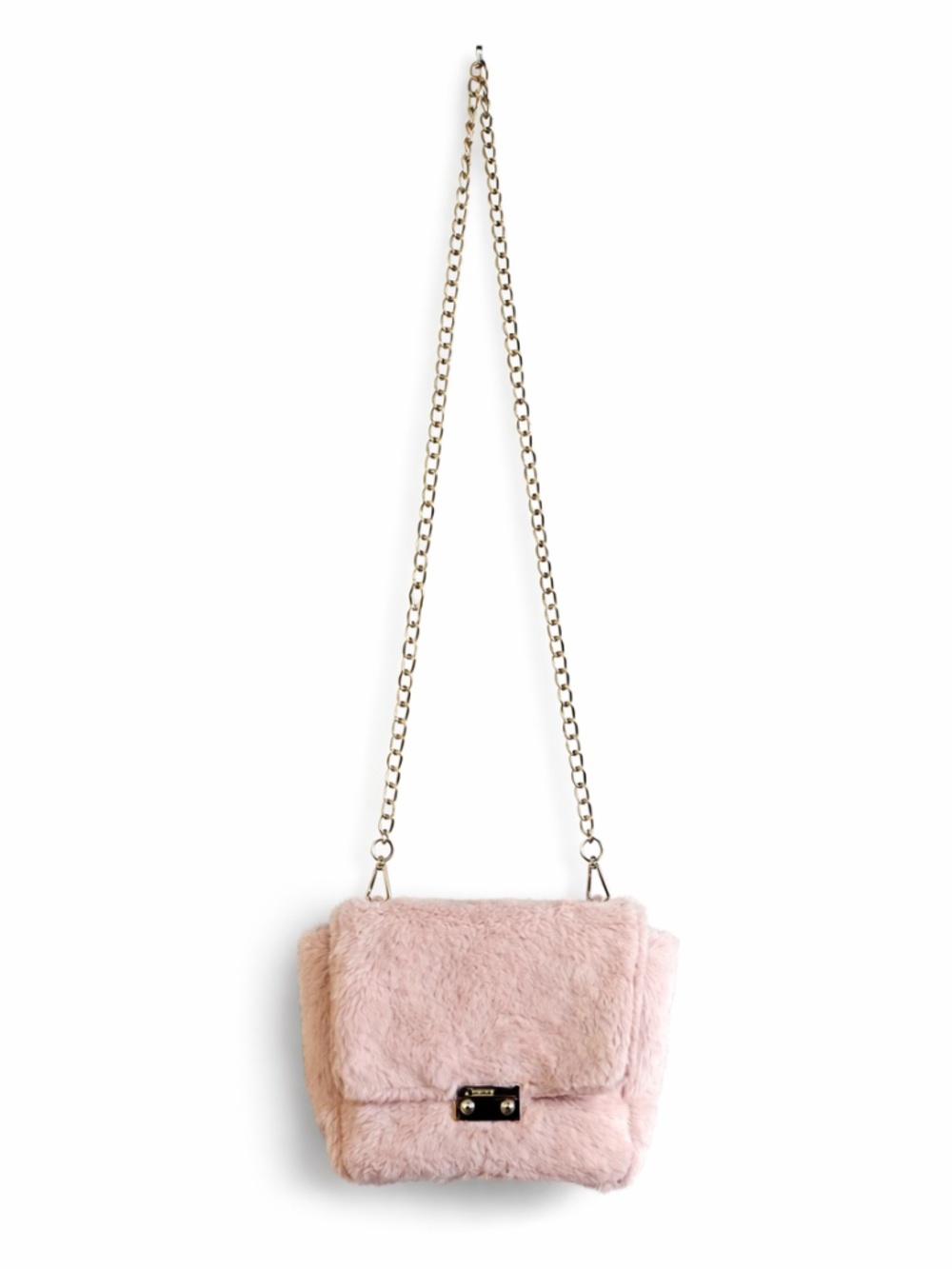 Suzy Shier Light Pink Faux Fur Crossbody with Silver Chain
